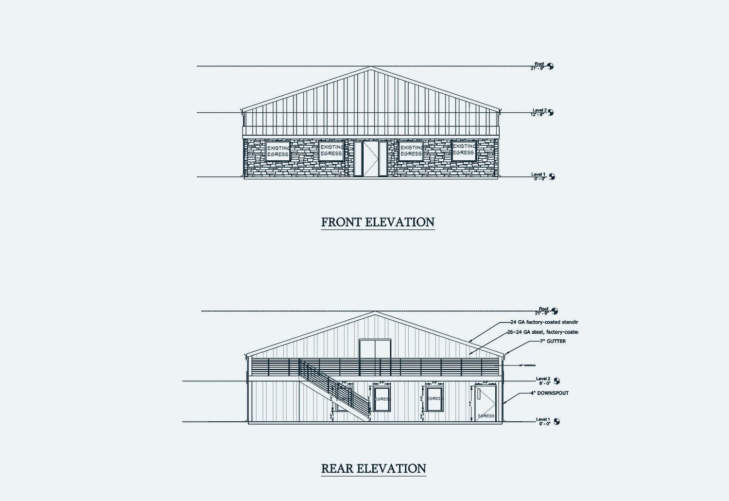 Front and rear architectural elevations for a Central Texas commercial addition