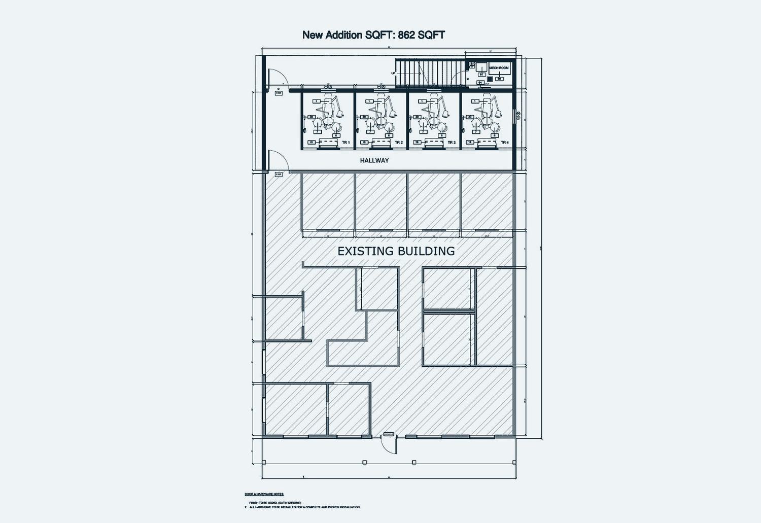 Proposed floor plan showing an existing building and a new four-room commercial addition
